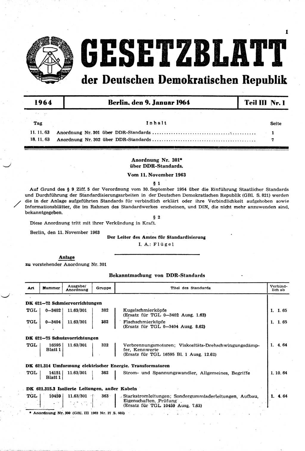 Gesetzblatt (GBl.) der Deutschen Demokratischen Republik (DDR) Teil ⅠⅠⅠ 1964, Seite 1 (GBl. DDR ⅠⅠⅠ 1964, S. 1)