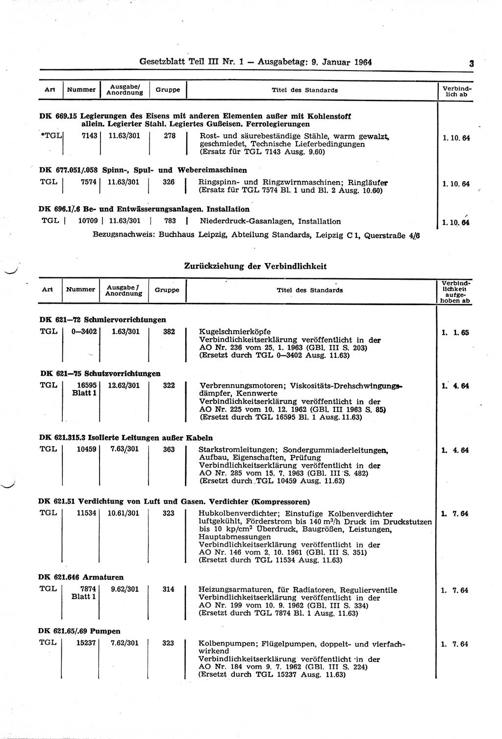 Gesetzblatt (GBl.) der Deutschen Demokratischen Republik (DDR) Teil ⅠⅠⅠ 1964, Seite 3 (GBl. DDR ⅠⅠⅠ 1964, S. 3)