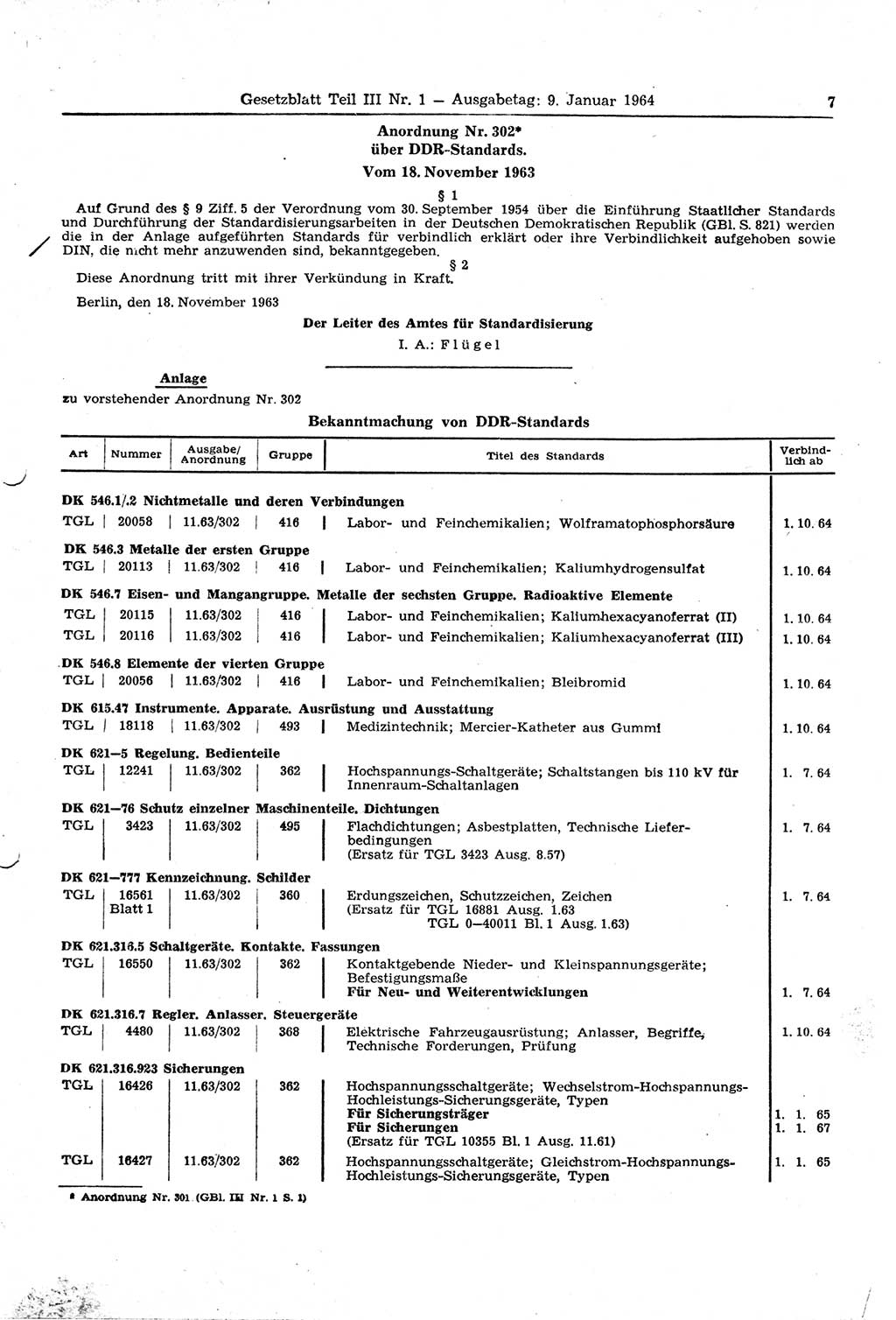 Gesetzblatt (GBl.) der Deutschen Demokratischen Republik (DDR) Teil ⅠⅠⅠ 1964, Seite 7 (GBl. DDR ⅠⅠⅠ 1964, S. 7)