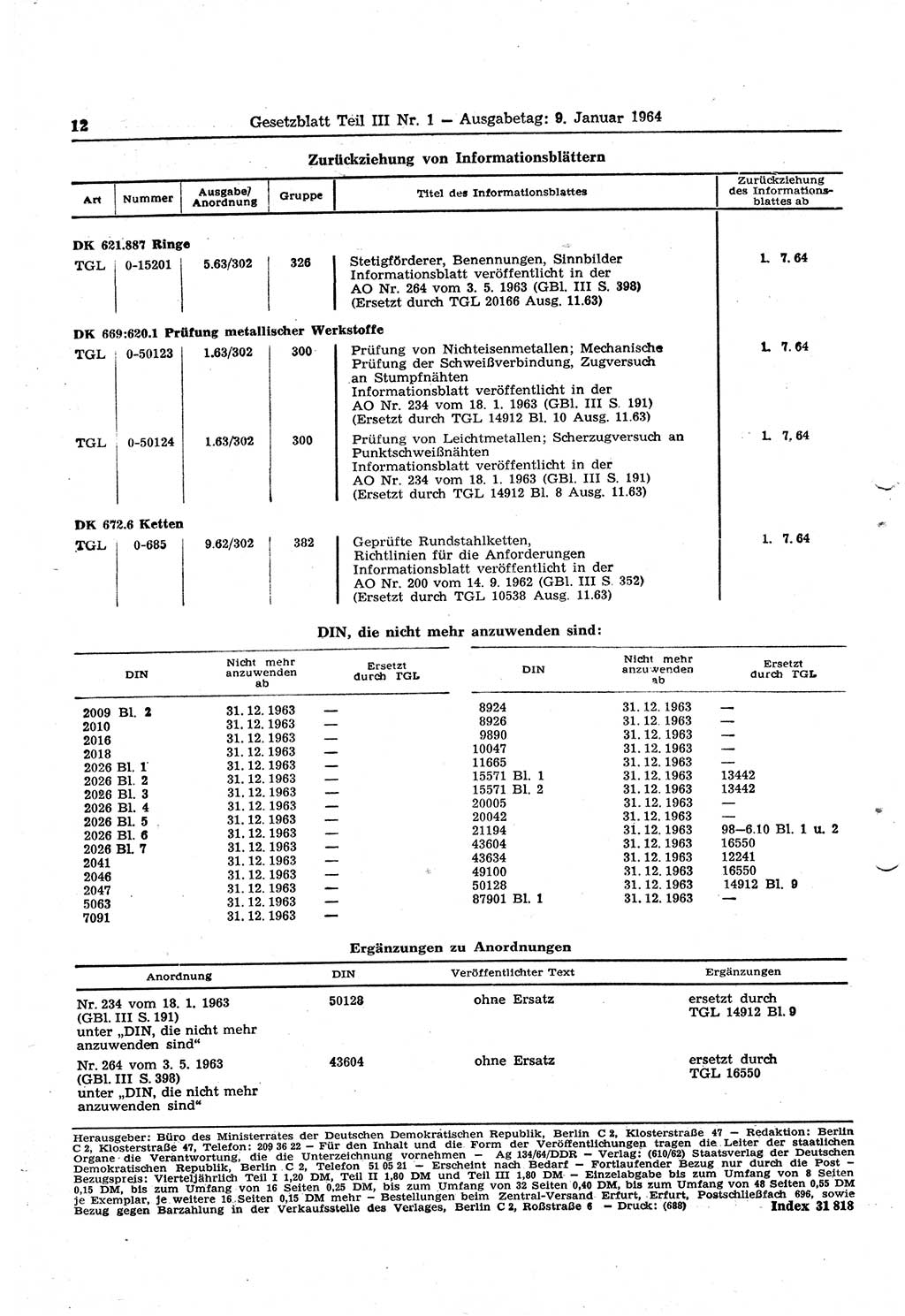 Gesetzblatt (GBl.) der Deutschen Demokratischen Republik (DDR) Teil ⅠⅠⅠ 1964, Seite 12 (GBl. DDR ⅠⅠⅠ 1964, S. 12)