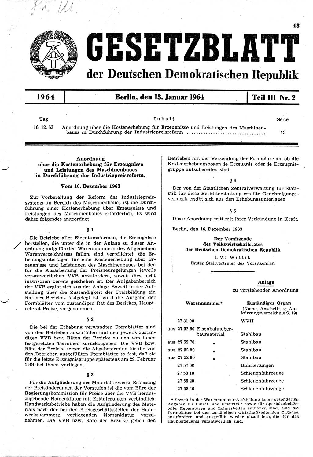Gesetzblatt (GBl.) der Deutschen Demokratischen Republik (DDR) Teil ⅠⅠⅠ 1964, Seite 13 (GBl. DDR ⅠⅠⅠ 1964, S. 13)