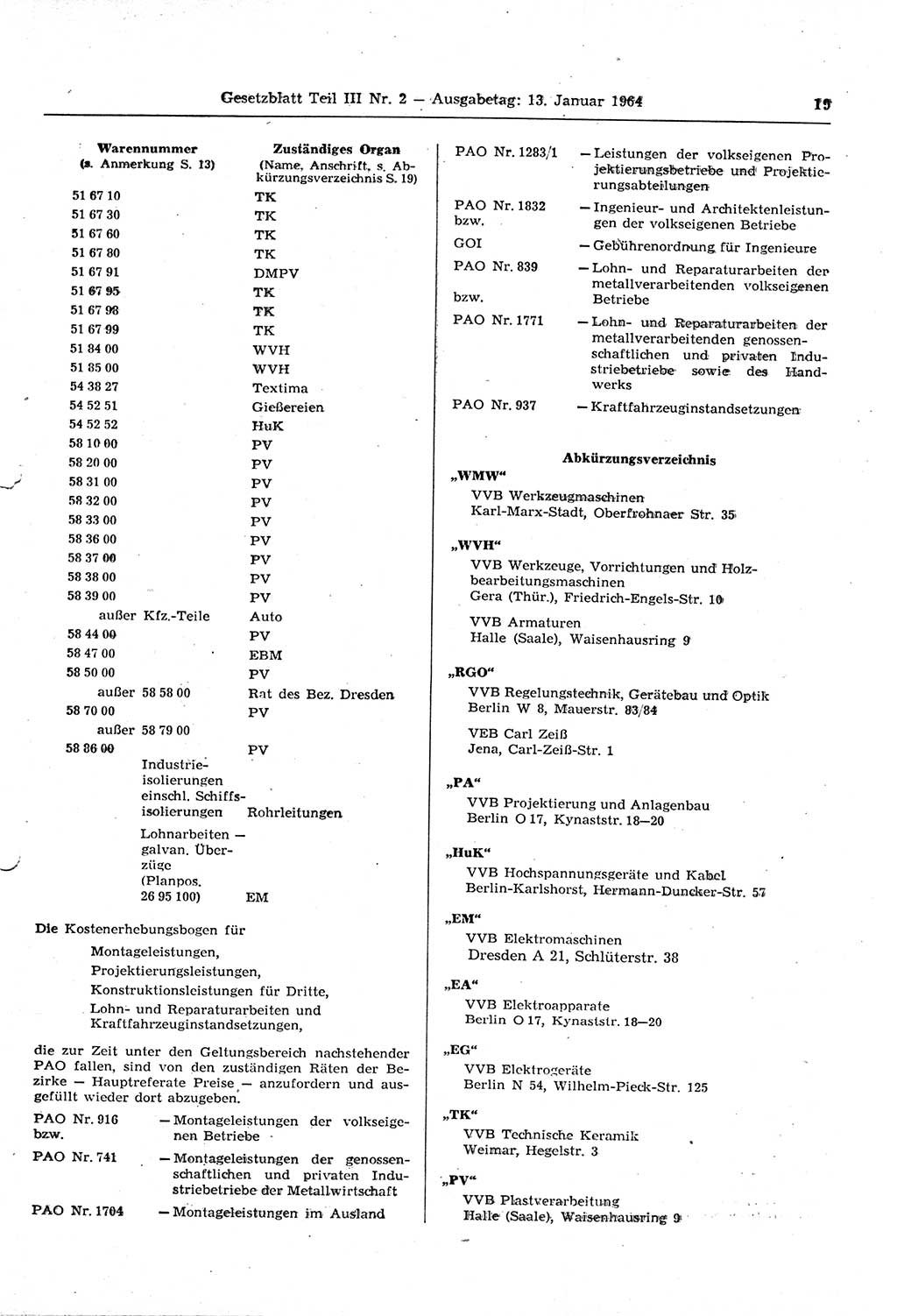 Gesetzblatt (GBl.) der Deutschen Demokratischen Republik (DDR) Teil ⅠⅠⅠ 1964, Seite 19 (GBl. DDR ⅠⅠⅠ 1964, S. 19)