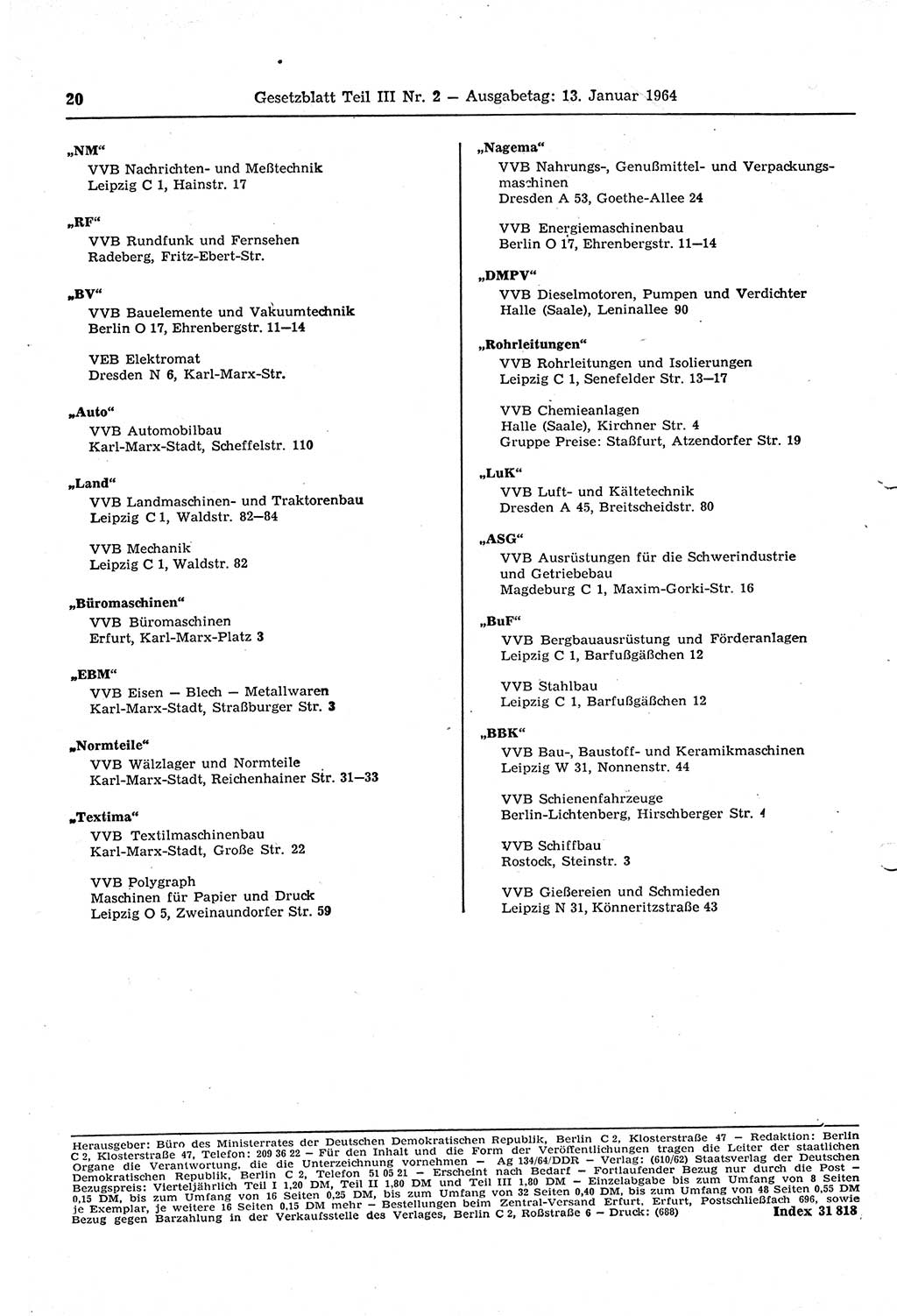 Gesetzblatt (GBl.) der Deutschen Demokratischen Republik (DDR) Teil ⅠⅠⅠ 1964, Seite 20 (GBl. DDR ⅠⅠⅠ 1964, S. 20)