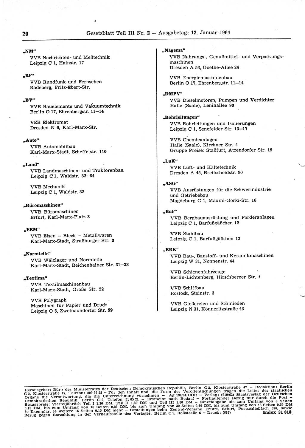 Gesetzblatt (GBl.) der Deutschen Demokratischen Republik (DDR) Teil ⅠⅠⅠ 1964, Seite 20 (GBl. DDR ⅠⅠⅠ 1964, S. 20)