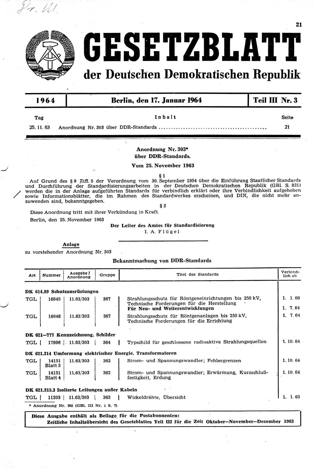 Gesetzblatt (GBl.) der Deutschen Demokratischen Republik (DDR) Teil ⅠⅠⅠ 1964, Seite 21 (GBl. DDR ⅠⅠⅠ 1964, S. 21)