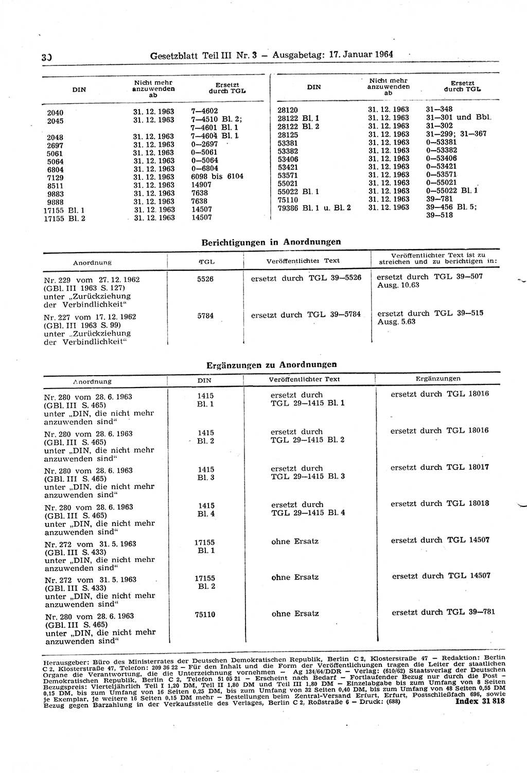 Gesetzblatt (GBl.) der Deutschen Demokratischen Republik (DDR) Teil ⅠⅠⅠ 1964, Seite 30 (GBl. DDR ⅠⅠⅠ 1964, S. 30)