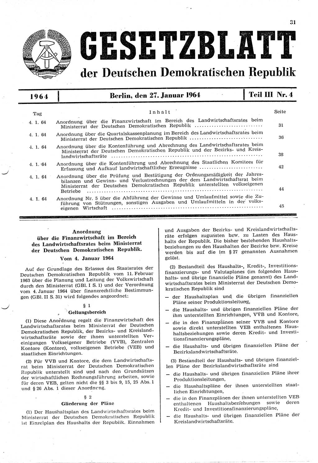 Gesetzblatt (GBl.) der Deutschen Demokratischen Republik (DDR) Teil ⅠⅠⅠ 1964, Seite 31 (GBl. DDR ⅠⅠⅠ 1964, S. 31)