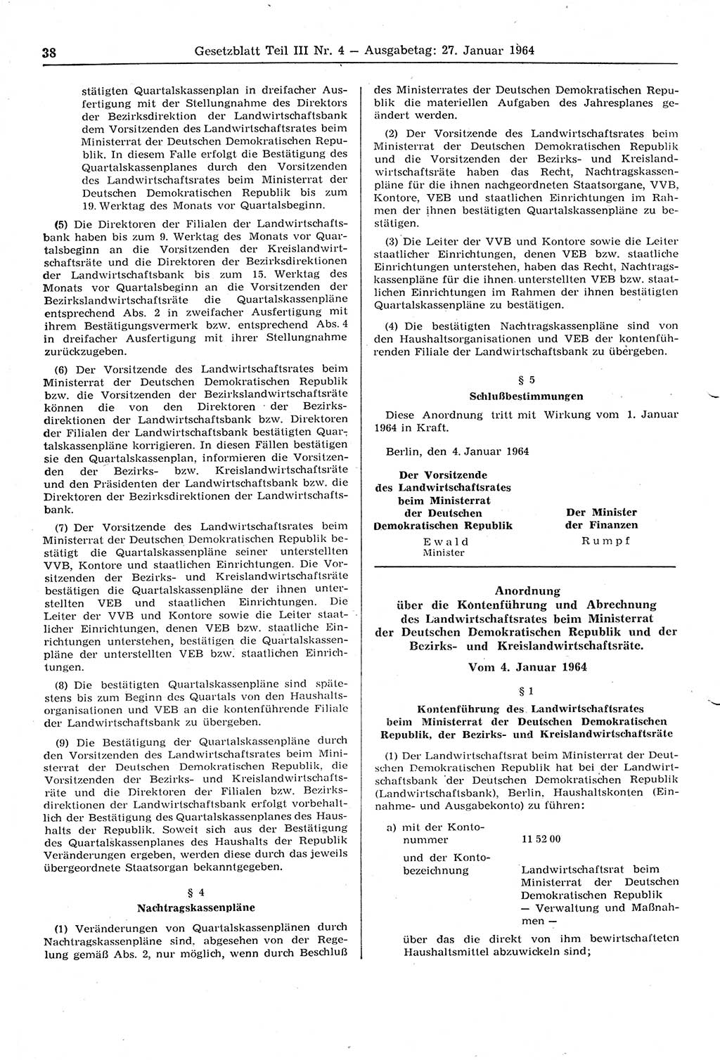 Gesetzblatt (GBl.) der Deutschen Demokratischen Republik (DDR) Teil ⅠⅠⅠ 1964, Seite 38 (GBl. DDR ⅠⅠⅠ 1964, S. 38)