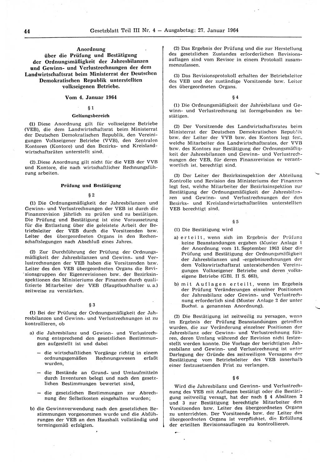 Gesetzblatt (GBl.) der Deutschen Demokratischen Republik (DDR) Teil ⅠⅠⅠ 1964, Seite 44 (GBl. DDR ⅠⅠⅠ 1964, S. 44)