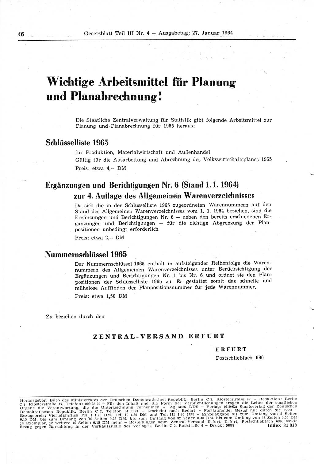 Gesetzblatt (GBl.) der Deutschen Demokratischen Republik (DDR) Teil ⅠⅠⅠ 1964, Seite 46 (GBl. DDR ⅠⅠⅠ 1964, S. 46)