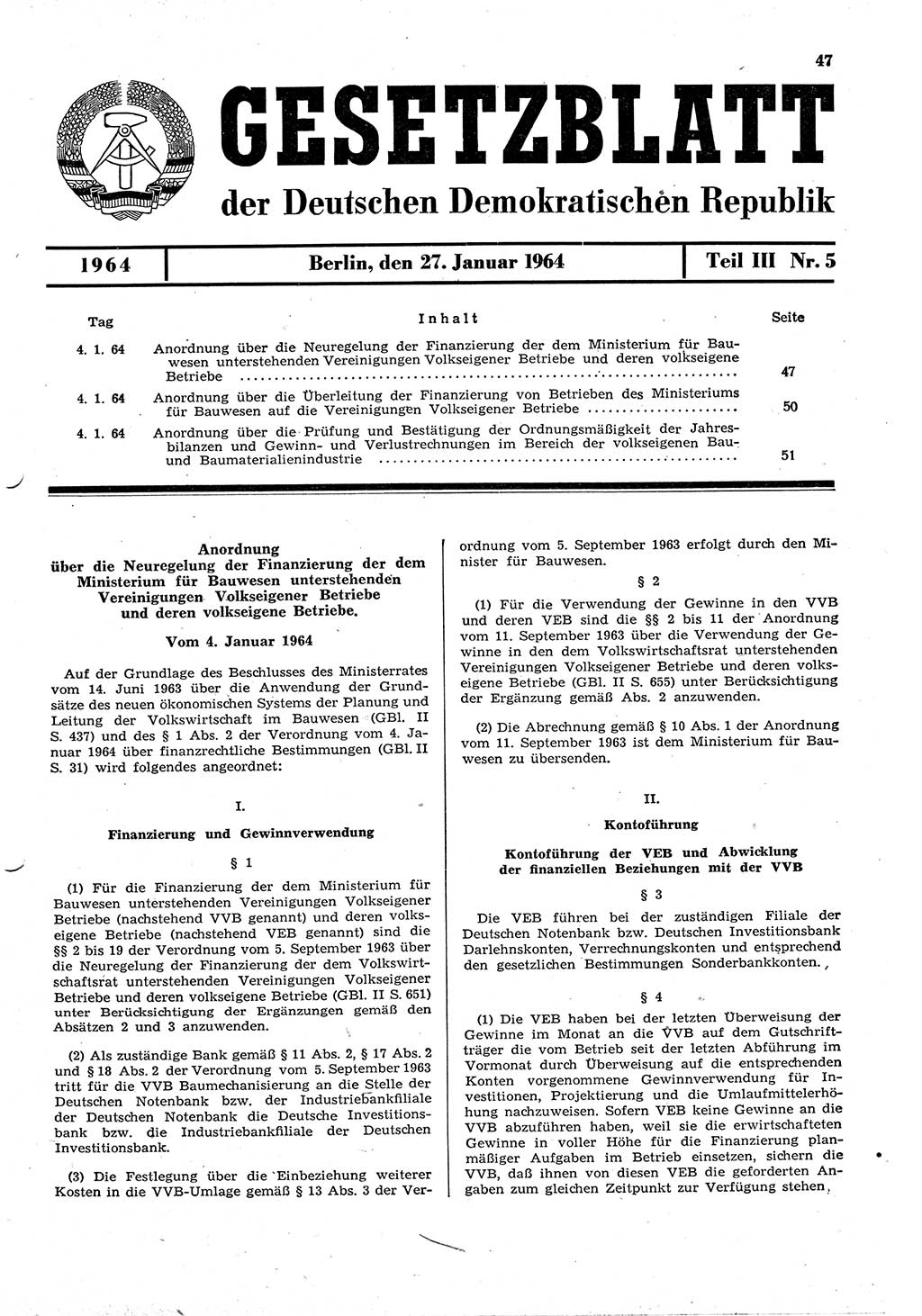 Gesetzblatt (GBl.) der Deutschen Demokratischen Republik (DDR) Teil ⅠⅠⅠ 1964, Seite 47 (GBl. DDR ⅠⅠⅠ 1964, S. 47)