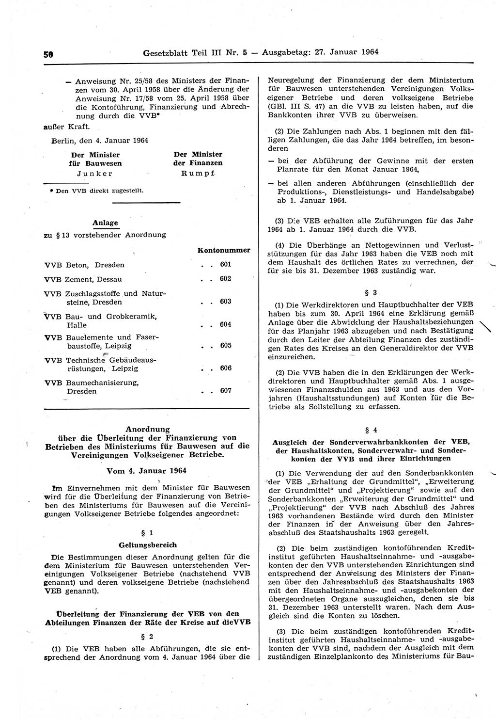 Gesetzblatt (GBl.) der Deutschen Demokratischen Republik (DDR) Teil ⅠⅠⅠ 1964, Seite 50 (GBl. DDR ⅠⅠⅠ 1964, S. 50)