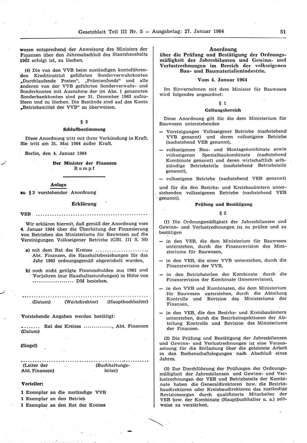 Gesetzblatt (GBl.) der Deutschen Demokratischen Republik (DDR) Teil ⅠⅠⅠ 1964, Seite 51 (GBl. DDR ⅠⅠⅠ 1964, S. 51)