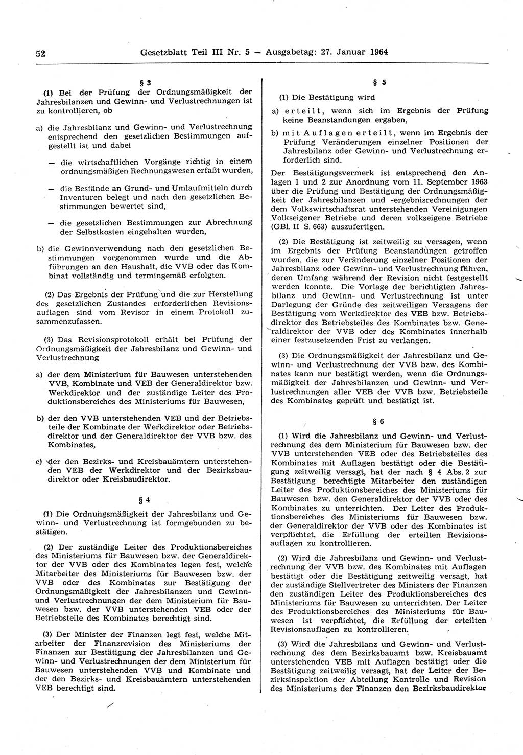 Gesetzblatt (GBl.) der Deutschen Demokratischen Republik (DDR) Teil ⅠⅠⅠ 1964, Seite 52 (GBl. DDR ⅠⅠⅠ 1964, S. 52)