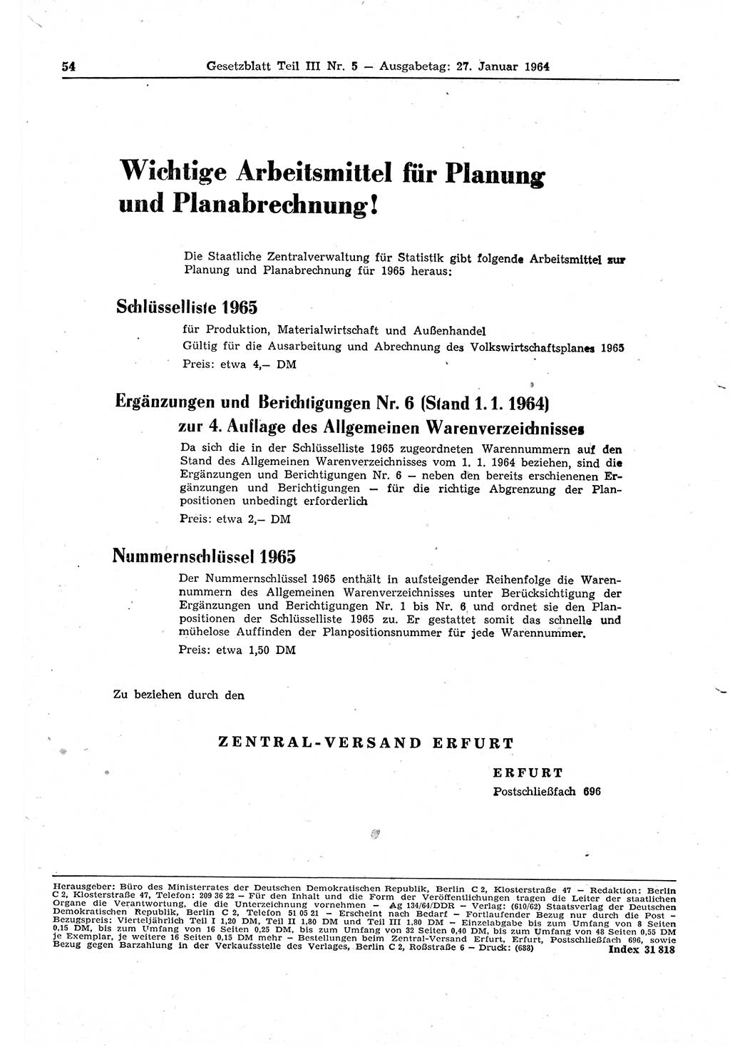 Gesetzblatt (GBl.) der Deutschen Demokratischen Republik (DDR) Teil ⅠⅠⅠ 1964, Seite 54 (GBl. DDR ⅠⅠⅠ 1964, S. 54)