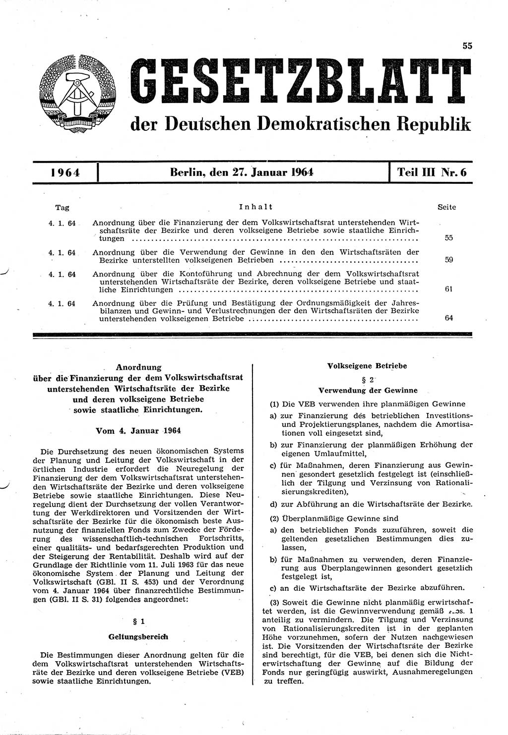 Gesetzblatt (GBl.) der Deutschen Demokratischen Republik (DDR) Teil ⅠⅠⅠ 1964, Seite 55 (GBl. DDR ⅠⅠⅠ 1964, S. 55)