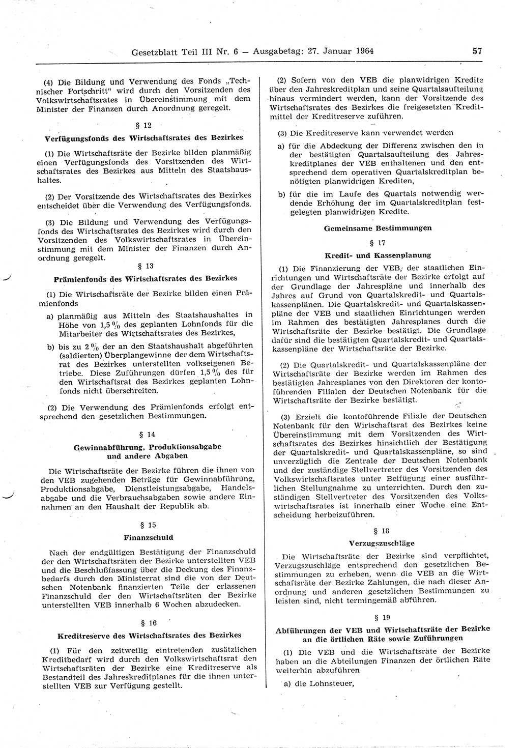 Gesetzblatt (GBl.) der Deutschen Demokratischen Republik (DDR) Teil ⅠⅠⅠ 1964, Seite 57 (GBl. DDR ⅠⅠⅠ 1964, S. 57)
