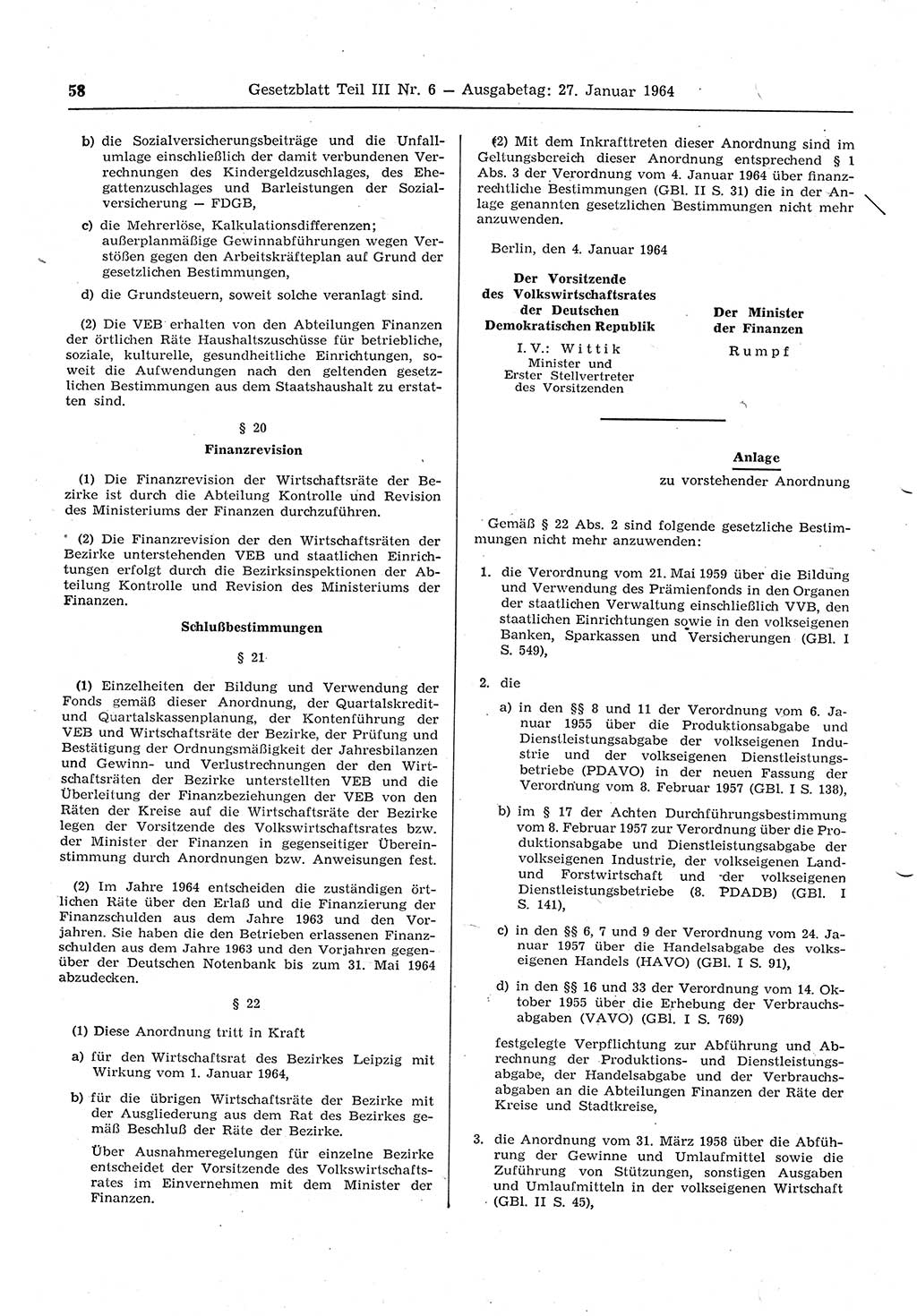 Gesetzblatt (GBl.) der Deutschen Demokratischen Republik (DDR) Teil ⅠⅠⅠ 1964, Seite 58 (GBl. DDR ⅠⅠⅠ 1964, S. 58)