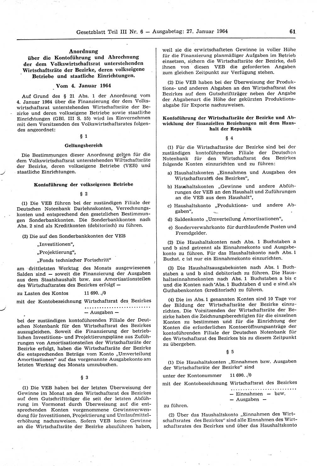 Gesetzblatt (GBl.) der Deutschen Demokratischen Republik (DDR) Teil ⅠⅠⅠ 1964, Seite 61 (GBl. DDR ⅠⅠⅠ 1964, S. 61)