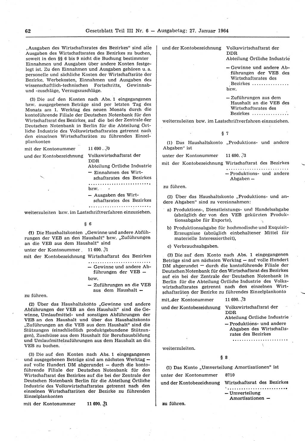 Gesetzblatt (GBl.) der Deutschen Demokratischen Republik (DDR) Teil ⅠⅠⅠ 1964, Seite 62 (GBl. DDR ⅠⅠⅠ 1964, S. 62)