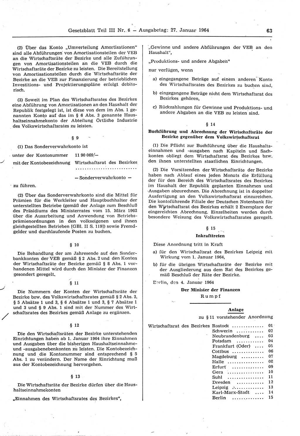 Gesetzblatt (GBl.) der Deutschen Demokratischen Republik (DDR) Teil ⅠⅠⅠ 1964, Seite 63 (GBl. DDR ⅠⅠⅠ 1964, S. 63)