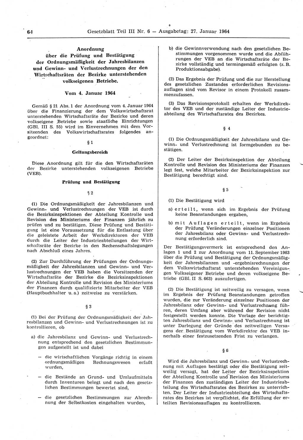 Gesetzblatt (GBl.) der Deutschen Demokratischen Republik (DDR) Teil ⅠⅠⅠ 1964, Seite 64 (GBl. DDR ⅠⅠⅠ 1964, S. 64)