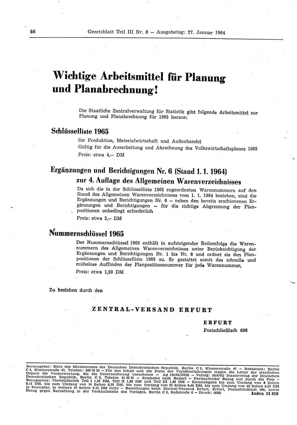 Gesetzblatt (GBl.) der Deutschen Demokratischen Republik (DDR) Teil ⅠⅠⅠ 1964, Seite 66 (GBl. DDR ⅠⅠⅠ 1964, S. 66)