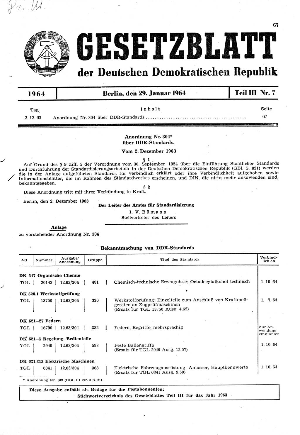 Gesetzblatt (GBl.) der Deutschen Demokratischen Republik (DDR) Teil ⅠⅠⅠ 1964, Seite 67 (GBl. DDR ⅠⅠⅠ 1964, S. 67)