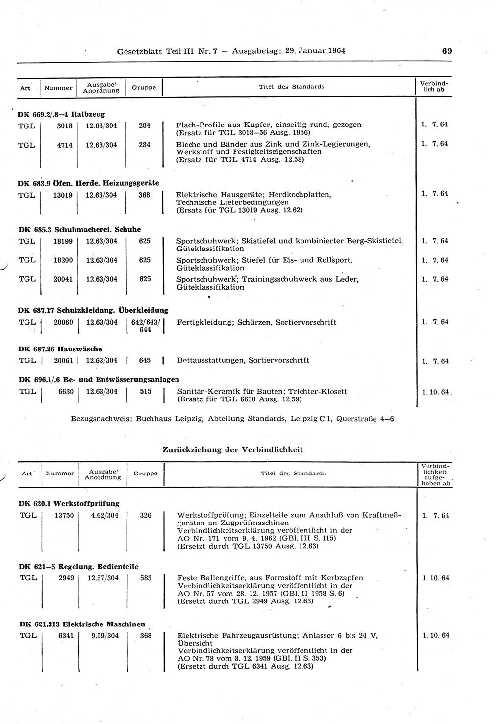 Gesetzblatt (GBl.) der Deutschen Demokratischen Republik (DDR) Teil ⅠⅠⅠ 1964, Seite 69 (GBl. DDR ⅠⅠⅠ 1964, S. 69)