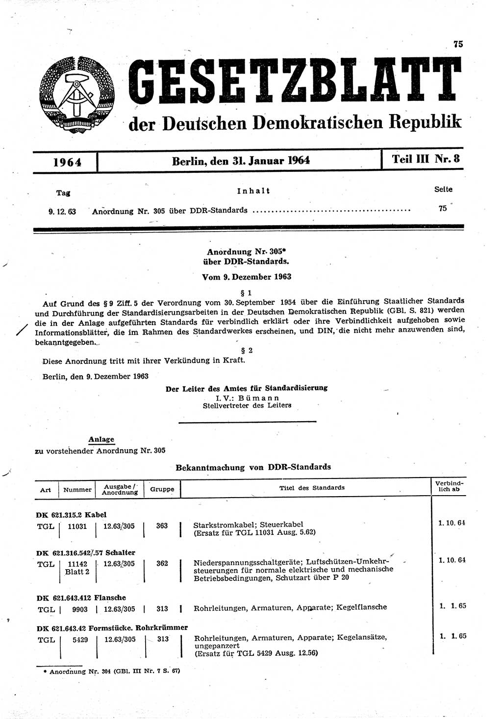 Gesetzblatt (GBl.) der Deutschen Demokratischen Republik (DDR) Teil ⅠⅠⅠ 1964, Seite 75 (GBl. DDR ⅠⅠⅠ 1964, S. 75)
