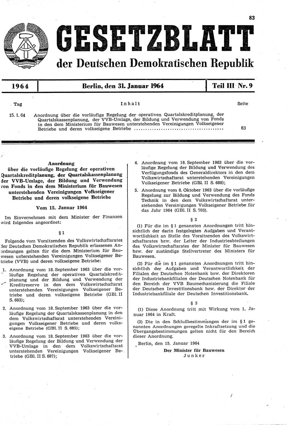Gesetzblatt (GBl.) der Deutschen Demokratischen Republik (DDR) Teil ⅠⅠⅠ 1964, Seite 83 (GBl. DDR ⅠⅠⅠ 1964, S. 83)