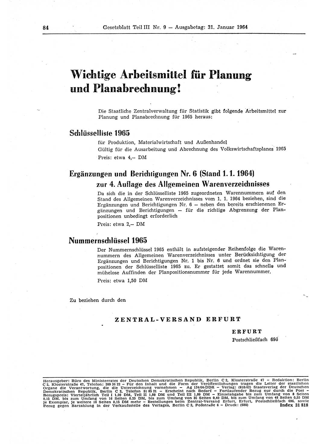 Gesetzblatt (GBl.) der Deutschen Demokratischen Republik (DDR) Teil ⅠⅠⅠ 1964, Seite 84 (GBl. DDR ⅠⅠⅠ 1964, S. 84)