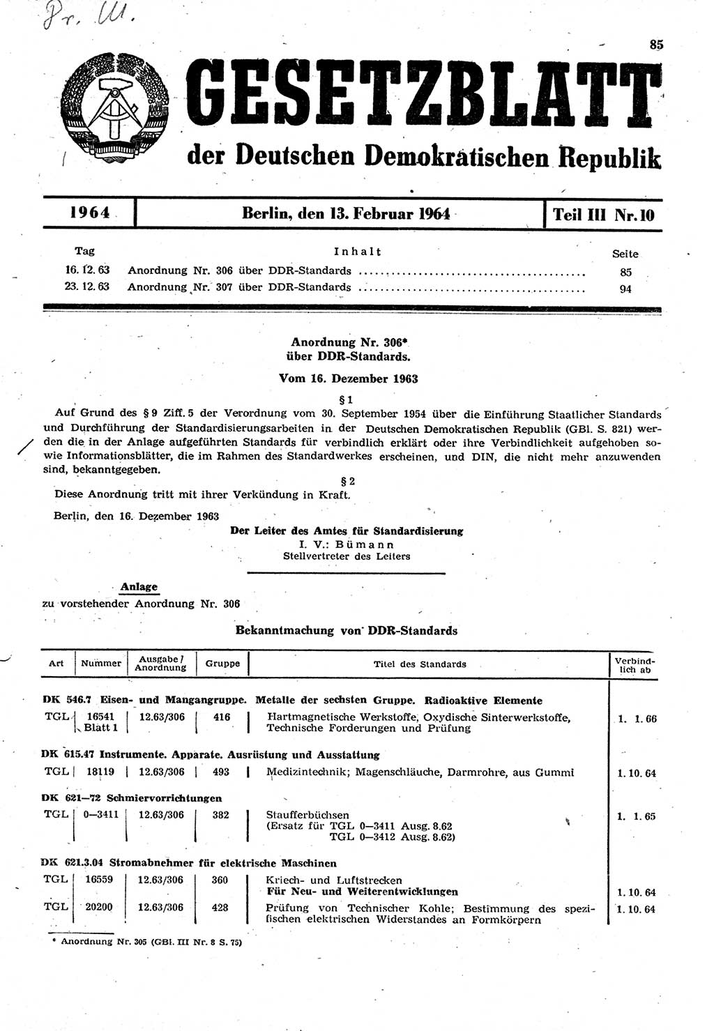 Gesetzblatt (GBl.) der Deutschen Demokratischen Republik (DDR) Teil ⅠⅠⅠ 1964, Seite 85 (GBl. DDR ⅠⅠⅠ 1964, S. 85)