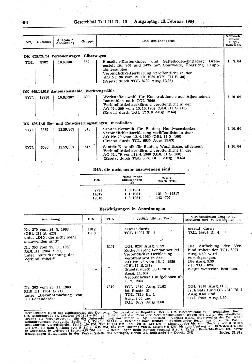 Gesetzblatt (GBl.) der Deutschen Demokratischen Republik (DDR) Teil ⅠⅠⅠ 1964, Seite 96 (GBl. DDR ⅠⅠⅠ 1964, S. 96)