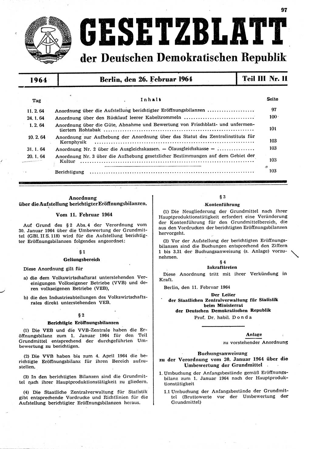 Gesetzblatt (GBl.) der Deutschen Demokratischen Republik (DDR) Teil ⅠⅠⅠ 1964, Seite 97 (GBl. DDR ⅠⅠⅠ 1964, S. 97)