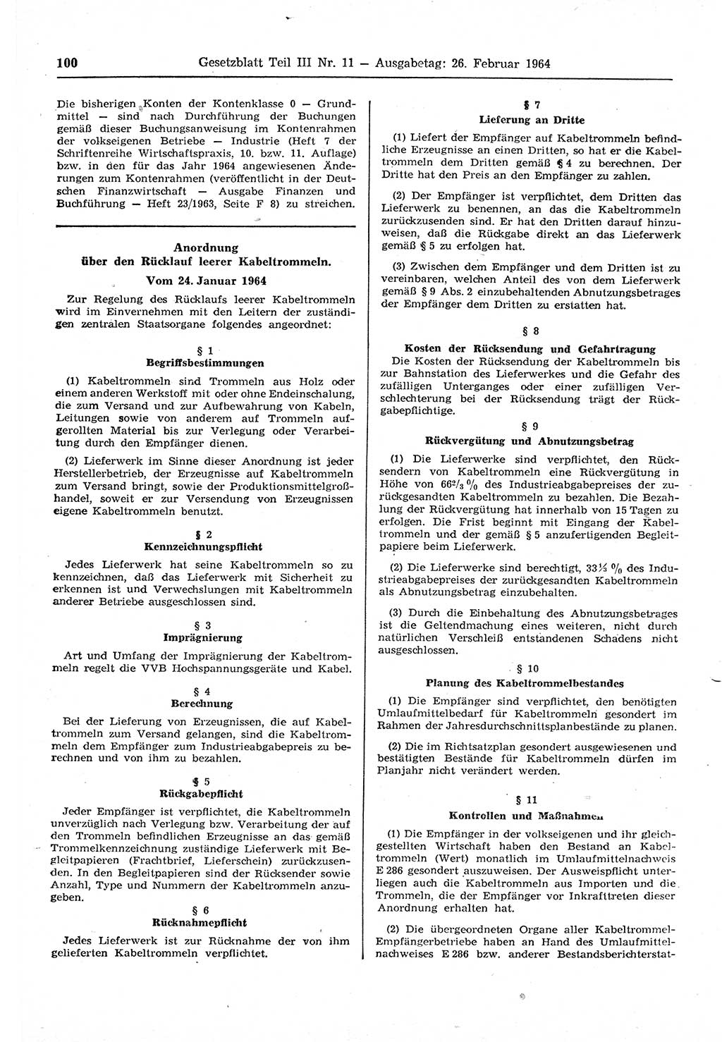 Gesetzblatt (GBl.) der Deutschen Demokratischen Republik (DDR) Teil ⅠⅠⅠ 1964, Seite 100 (GBl. DDR ⅠⅠⅠ 1964, S. 100)