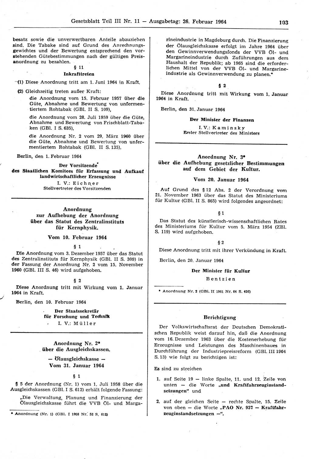 Gesetzblatt (GBl.) der Deutschen Demokratischen Republik (DDR) Teil ⅠⅠⅠ 1964, Seite 103 (GBl. DDR ⅠⅠⅠ 1964, S. 103)