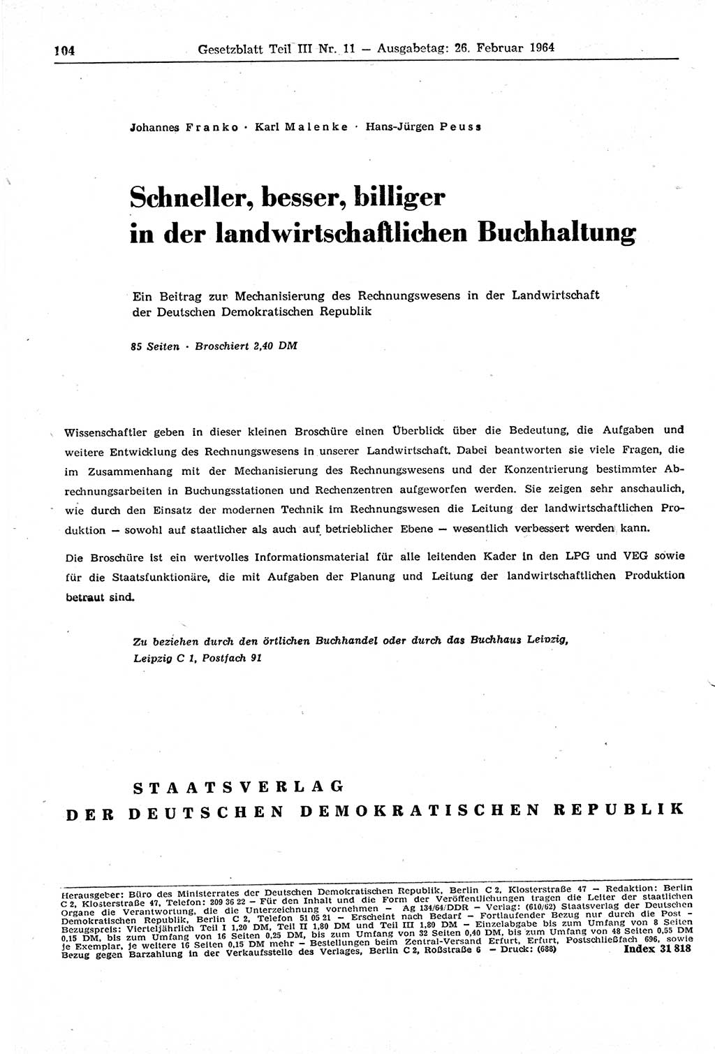 Gesetzblatt (GBl.) der Deutschen Demokratischen Republik (DDR) Teil ⅠⅠⅠ 1964, Seite 104 (GBl. DDR ⅠⅠⅠ 1964, S. 104)