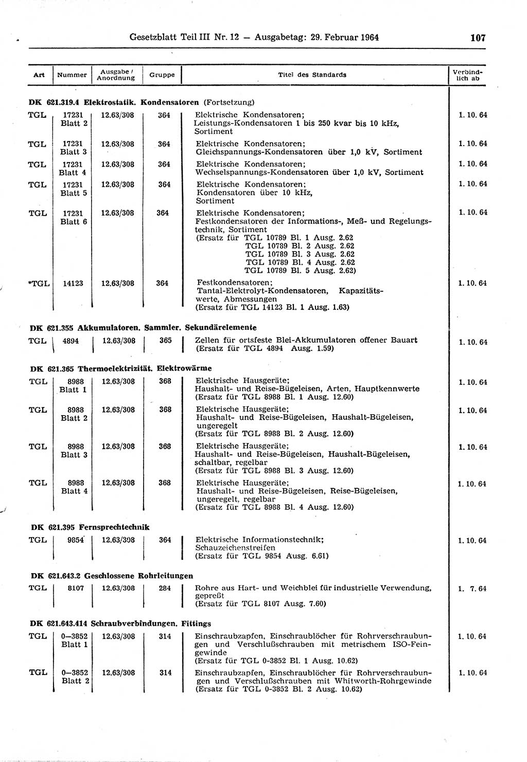 Gesetzblatt (GBl.) der Deutschen Demokratischen Republik (DDR) Teil ⅠⅠⅠ 1964, Seite 107 (GBl. DDR ⅠⅠⅠ 1964, S. 107)