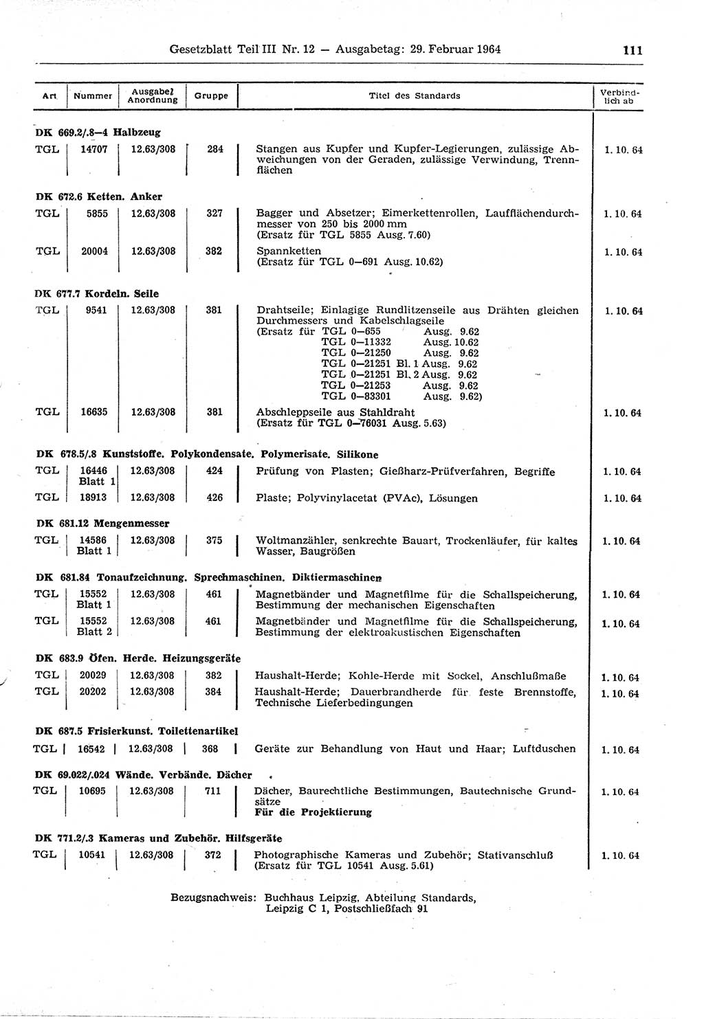 Gesetzblatt (GBl.) der Deutschen Demokratischen Republik (DDR) Teil ⅠⅠⅠ 1964, Seite 111 (GBl. DDR ⅠⅠⅠ 1964, S. 111)