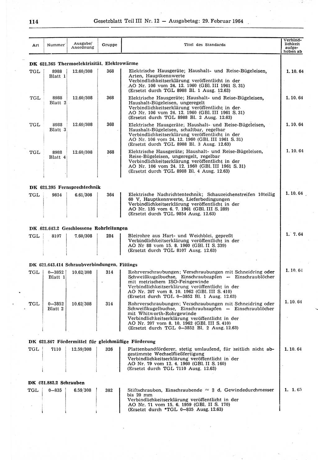 Gesetzblatt (GBl.) der Deutschen Demokratischen Republik (DDR) Teil ⅠⅠⅠ 1964, Seite 114 (GBl. DDR ⅠⅠⅠ 1964, S. 114)