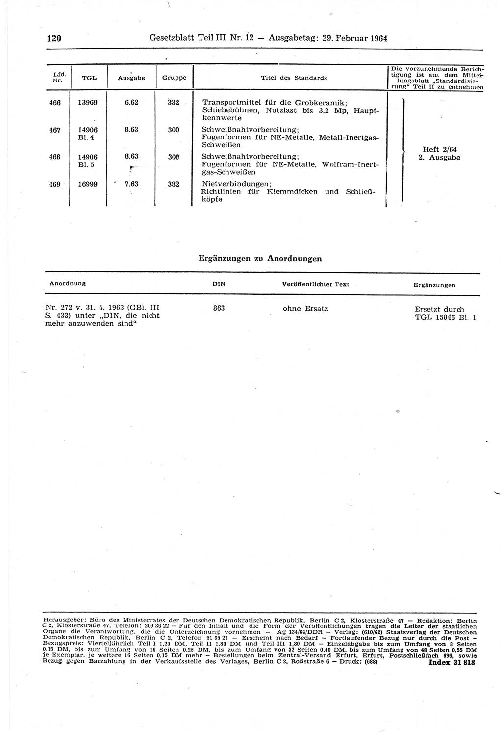 Gesetzblatt (GBl.) der Deutschen Demokratischen Republik (DDR) Teil ⅠⅠⅠ 1964, Seite 120 (GBl. DDR ⅠⅠⅠ 1964, S. 120)