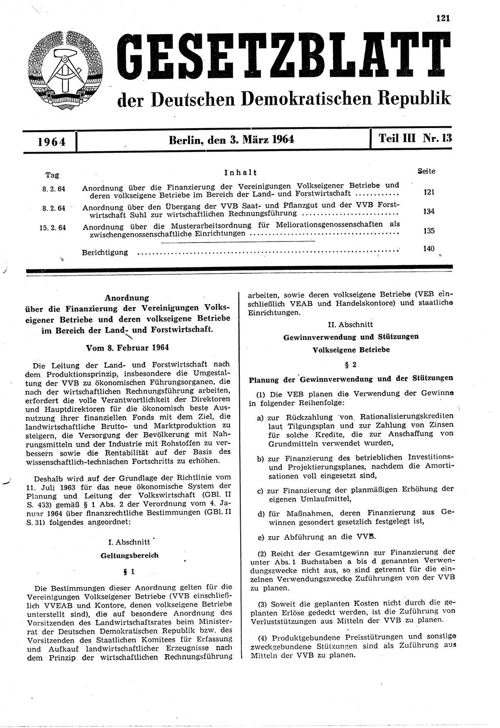 Gesetzblatt (GBl.) der Deutschen Demokratischen Republik (DDR) Teil ⅠⅠⅠ 1964, Seite 121 (GBl. DDR ⅠⅠⅠ 1964, S. 121)