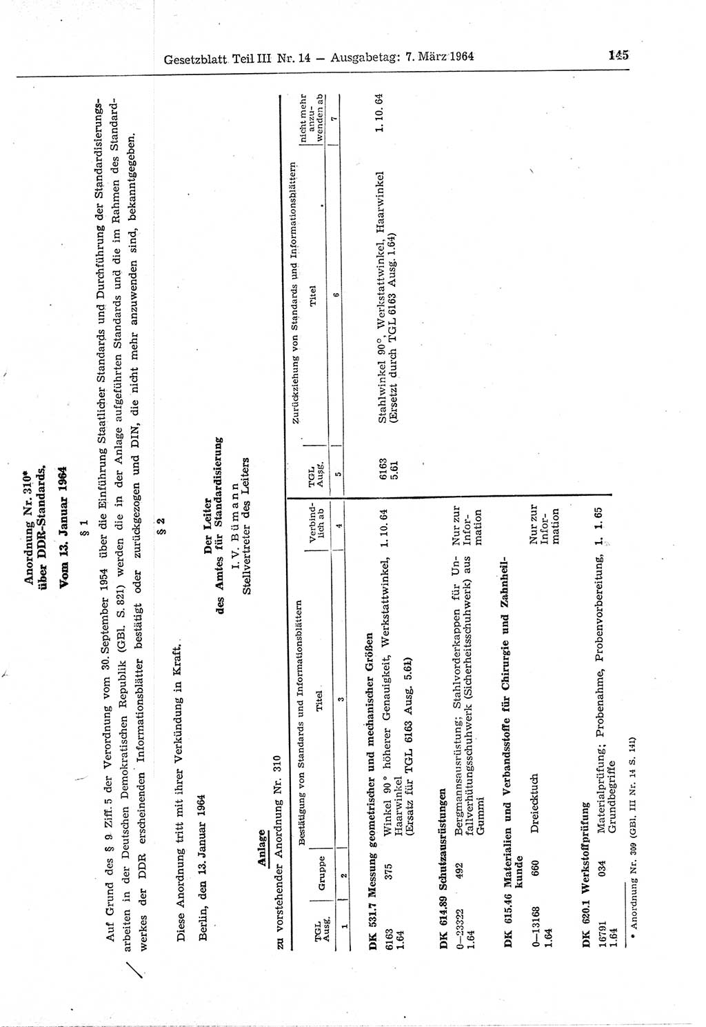 Gesetzblatt (GBl.) der Deutschen Demokratischen Republik (DDR) Teil ⅠⅠⅠ 1964, Seite 145 (GBl. DDR ⅠⅠⅠ 1964, S. 145)