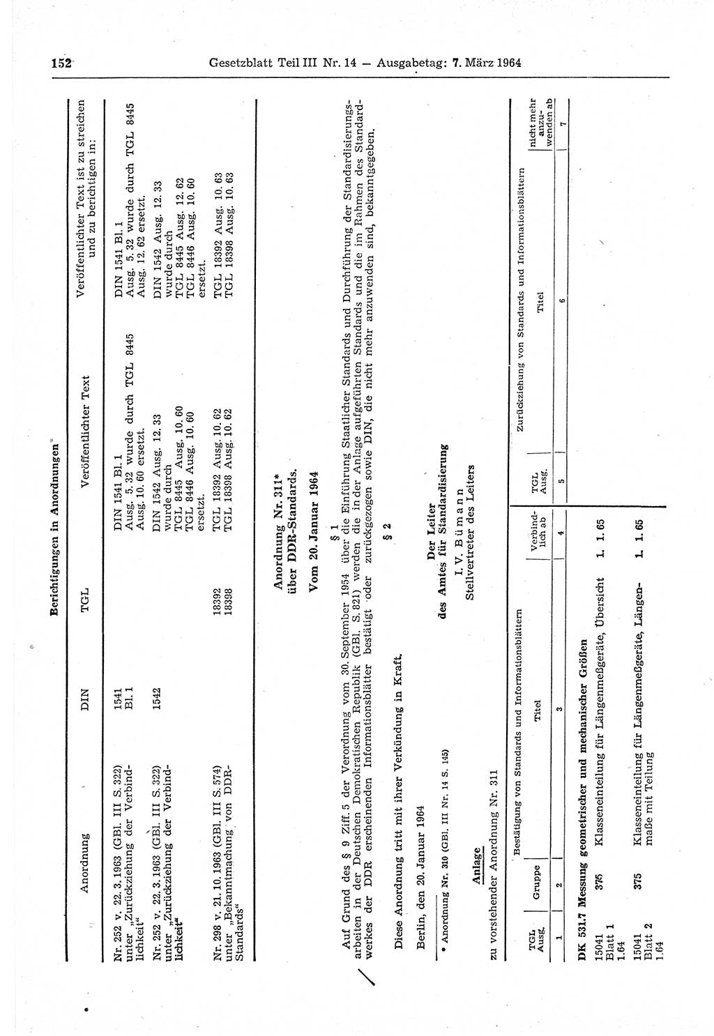 Gesetzblatt (GBl.) der Deutschen Demokratischen Republik (DDR) Teil ⅠⅠⅠ 1964, Seite 152 (GBl. DDR ⅠⅠⅠ 1964, S. 152)