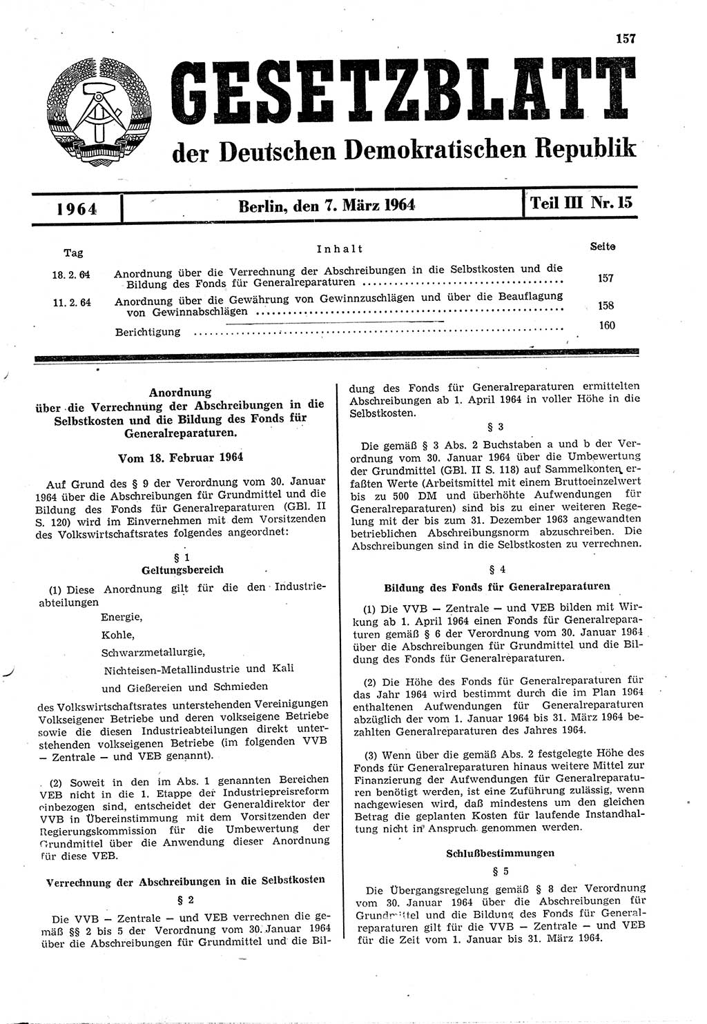 Gesetzblatt (GBl.) der Deutschen Demokratischen Republik (DDR) Teil ⅠⅠⅠ 1964, Seite 157 (GBl. DDR ⅠⅠⅠ 1964, S. 157)