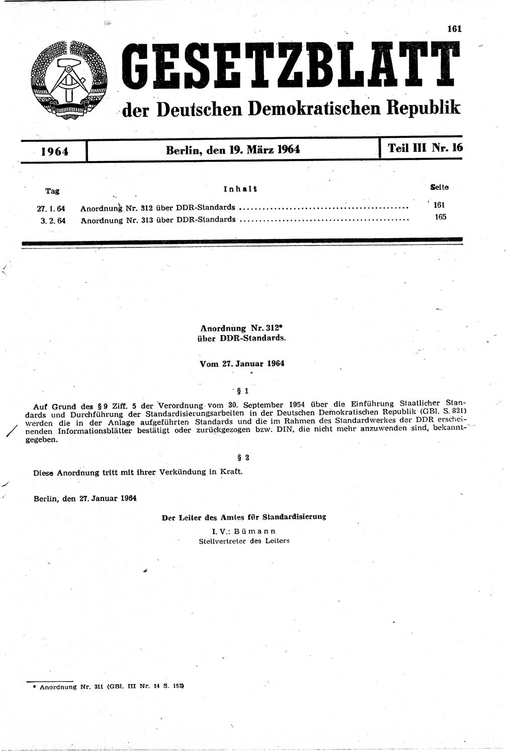 Gesetzblatt (GBl.) der Deutschen Demokratischen Republik (DDR) Teil ⅠⅠⅠ 1964, Seite 161 (GBl. DDR ⅠⅠⅠ 1964, S. 161)