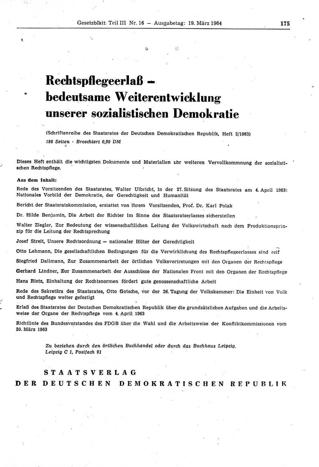 Gesetzblatt (GBl.) der Deutschen Demokratischen Republik (DDR) Teil ⅠⅠⅠ 1964, Seite 175 (GBl. DDR ⅠⅠⅠ 1964, S. 175)