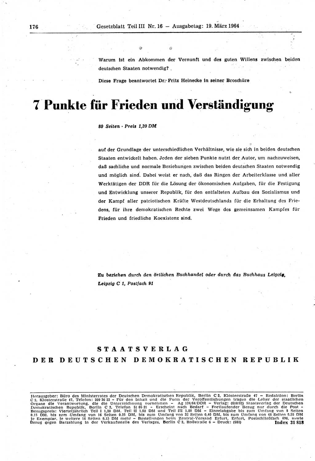 Gesetzblatt (GBl.) der Deutschen Demokratischen Republik (DDR) Teil ⅠⅠⅠ 1964, Seite 176 (GBl. DDR ⅠⅠⅠ 1964, S. 176)