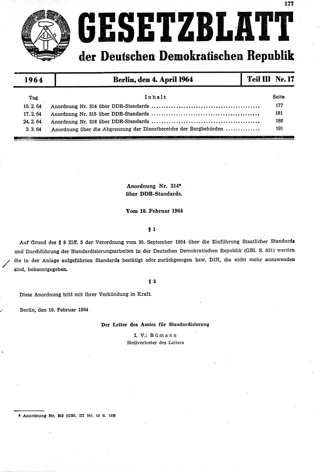 Gesetzblatt (GBl.) der Deutschen Demokratischen Republik (DDR) Teil ⅠⅠⅠ 1964, Seite 177 (GBl. DDR ⅠⅠⅠ 1964, S. 177)